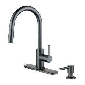 Pull Down Kitchen Faucet with Soap Dispenser in Matte Black