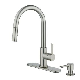 Pull Down Kitchen Faucet with Soap Dispenser in Satin Nickel