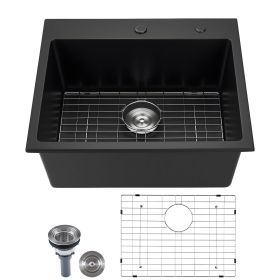 VEVOR 25 inch Kitchen Sink Workstation, Top Mount Granite Sinks, Drop-In Single Bowl Farmhouse Basin with Multiple Accessories