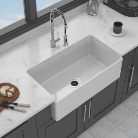 Porcelain Apron Front Farmhouse Sink - Single Bowl Ceramic Kitchen Basin (Color: White   + Ceramic)