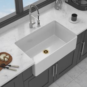 Porcelain Apron Front Farmhouse Sink - Single Bowl Ceramic Kitchen Basin (Color: White  + Ceramic)