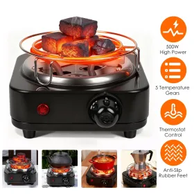 Electric Charcoal Burner 500W Hookah Charcoal Burner Compact Coal Burner For Hooka Cubes Shisha With Grill And Tongs 5 Temperature Gears Thermost (Option: black)
